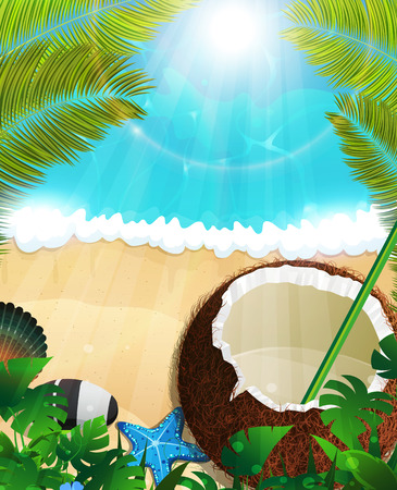 Sandy coast and foaming waves with palm branches, coconut cocktail and  starfishes のイラスト素材