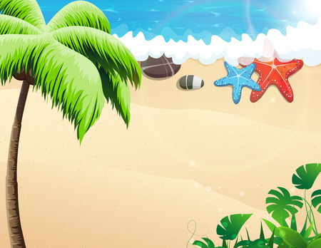 Sandy beach and foaming waves with palm trees and  starfishes のイラスト素材