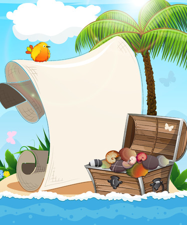 Tropical island with palm tree, tropical bird and treasure chest のイラスト素材