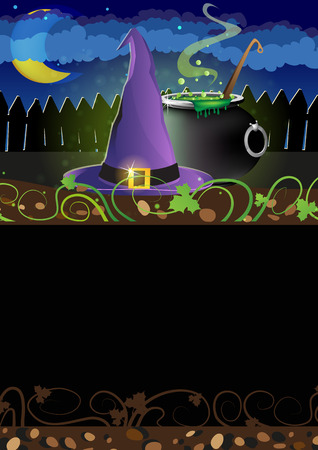Witch hat and boiling cauldron near the fence. のイラスト素材
