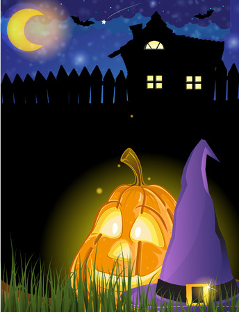 Pumpkin head and witch hat near a haunted houseのイラスト素材
