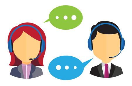 Male and female call center icons with headsets and speech bubbles on white backgroundのイラスト素材
