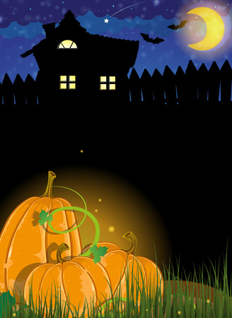  Pumpkins near the house with glowing windows. Halloween night scene  のイラスト素材