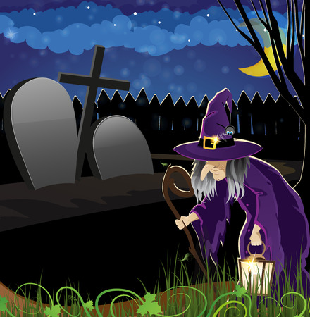 Wicked witch with a lantern in the night cemetery. Horrible Halloween sceneのイラスト素材
