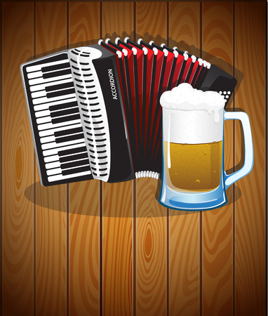 Accordion and mug of beer on a wooden background. Abstract Oktoberfest  backgroundのイラスト素材