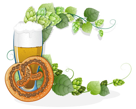 Pretzel and a glass of beer with hop branches on white a background. Abstract  Oktoberfest backgroundのイラスト素材