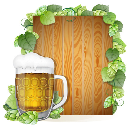 Glass of beer with foam cap on a wooden background decorated with green hops branch. Abstract Oktoberfest backgroundのイラスト素材