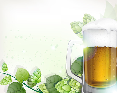 Mug of beer with foam and hops branch on a green background. Oktoberfest abstract backgroundのイラスト素材