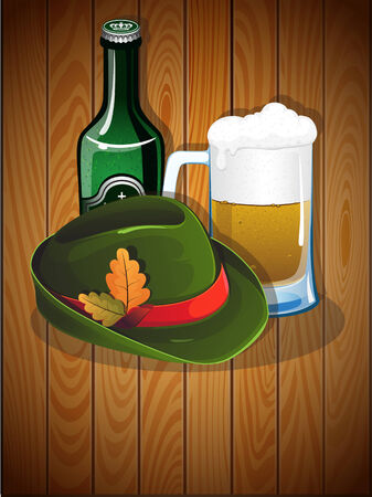 Beer glass, bottle and  German Oktoberfest hat on a wooden background. Abstract Oktoberfest  backgroundのイラスト素材