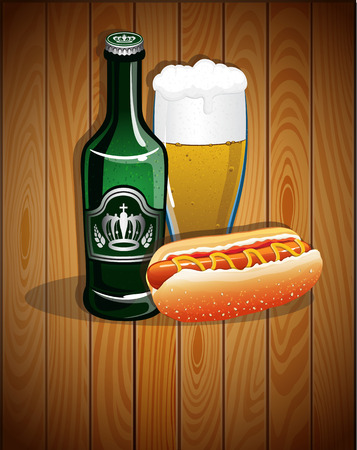 Beer glass, bottle and hot dog on a wooden background. Abstract Oktoberfest  backgroundのイラスト素材