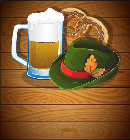 Beer glass, pretzel and  German Oktoberfest hat with oak leaves on a wooden background. Abstract Oktoberfest  backgroundのイラスト素材