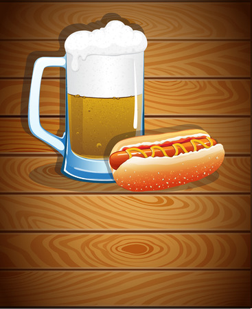 Beer mug and hot dog on a wooden background. Abstract Oktoberfest  backgroundのイラスト素材