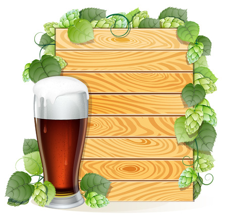 Glass of beer with foam cap on a wooden background decorated with green hops branch. Abstract Oktoberfest backgroundのイラスト素材
