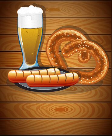 Beer glass, pretzel and sausages on a wooden background. Abstract Oktoberfest  backgroundのイラスト素材