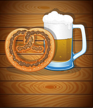 Pretzel and beer mug on the wooden background. Abstract Oktoberfest  backgroundのイラスト素材