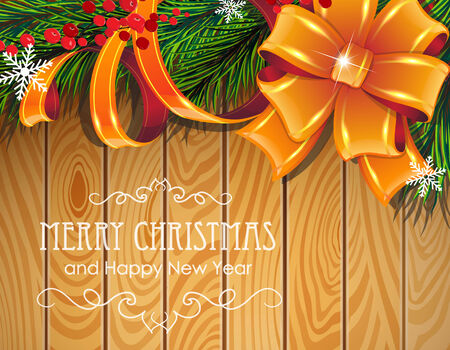 Pine branches, bow, ribbons and red berries on wooden board.のイラスト素材