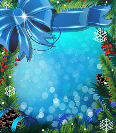 Bow, ribbon and fir tree branches on blue Christmas backgroundのイラスト素材