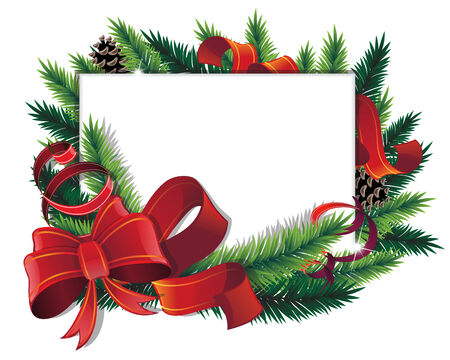 Pine branches, red bow and ribbons on white backgroundのイラスト素材