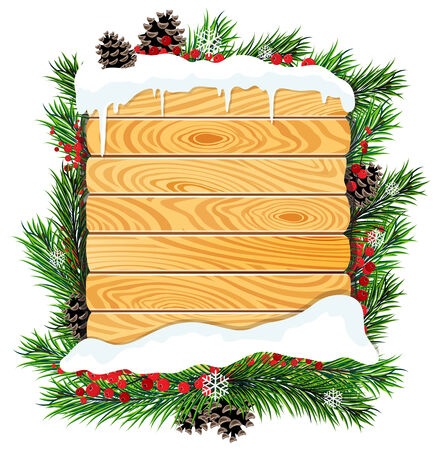 Christmas tree branches and blank wooden billboard  covered with snow. Abstract winter backgroundのイラスト素材