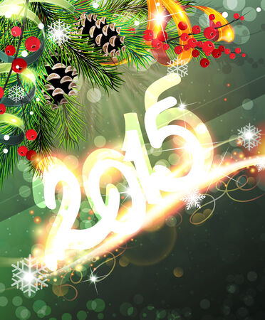 Abstract new year background with sparkles, ribbons, fir branches and conesのイラスト素材