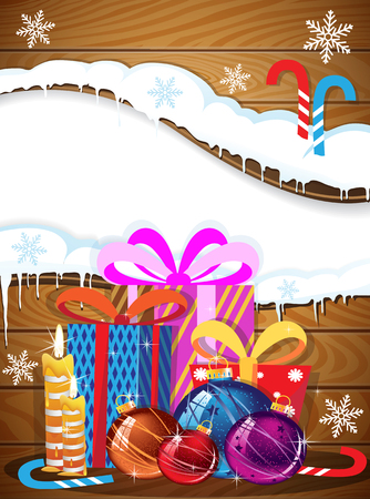 Christmas gifts, baubles and candy canes on a wooden backgroundのイラスト素材