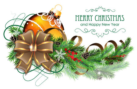 Christmas ornaments with bow, ribbon and fir tree branches on white backgroundのイラスト素材