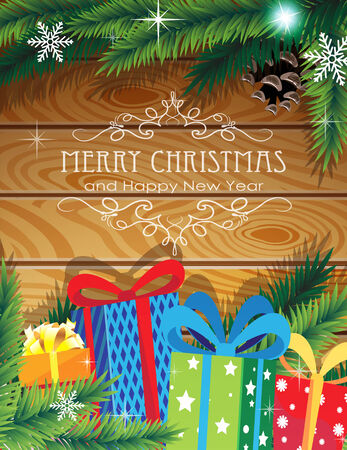 Christmas Gifts on wooden background with sparkling lights and fir branchesのイラスト素材