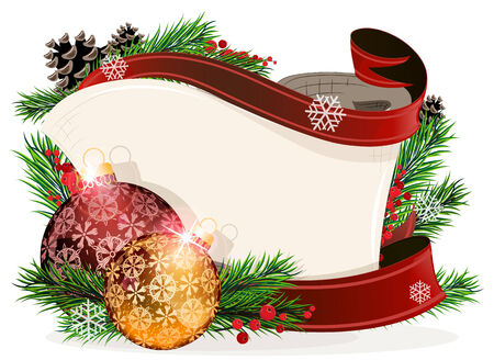 Christmas wreath with red and orange baubles,  parchment and ribbons on a white backgroundのイラスト素材