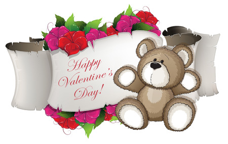 Teddy bear and flowers on a white background. のイラスト素材
