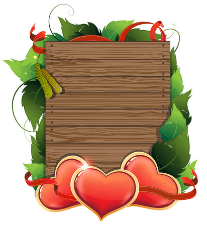 Valentine hearts, ribbons and  flowers on wooden backgroundのイラスト素材