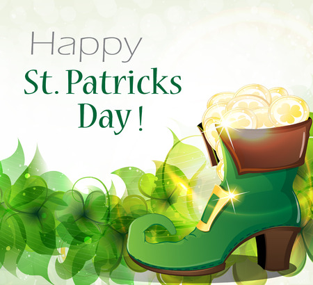 Leprechaun shoe on clover and gold coins. St. Patrick's Day background.のイラスト素材