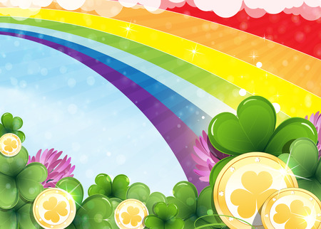 Rainbow, clover and gold coins on abstract spring background. St. Patrick's Day abstract backgroundのイラスト素材