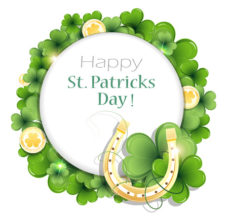 Gold coins and horseshoe on clover background with round place for text.  
St. Patrick's Day background.のイラスト素材