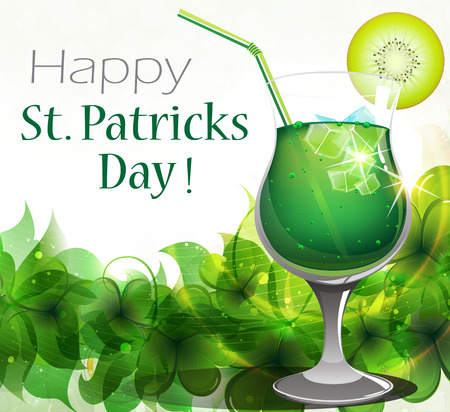 Leprechaun cocktail with kiwi fruit on clover background with round place for text.  
St. Patrick's Day background.のイラスト素材