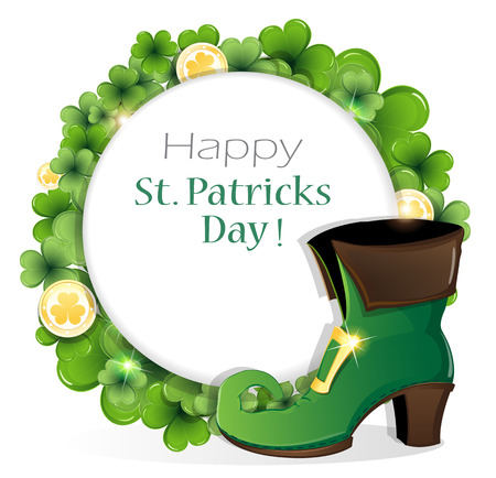 Leprechaun shoe and gold coins on clover background with round place for text.  
St. Patrick's Day background.のイラスト素材