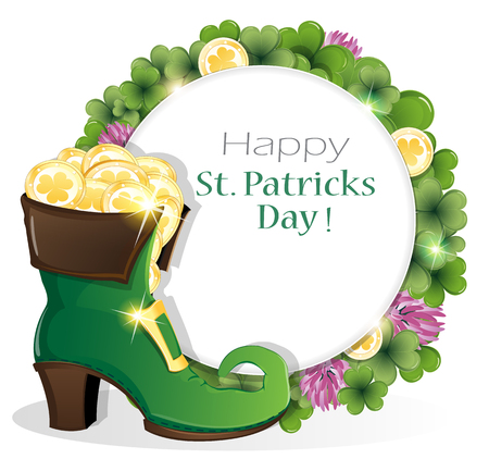 Leprechaun shoe with gold coins on clover background with round place for text.  
St. Patrick's Day background.のイラスト素材