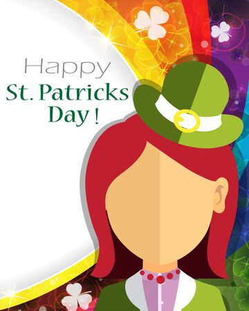 Leprechaun girl icon on rainbow background. St. Patrick's Day abstract backgroundのイラスト素材