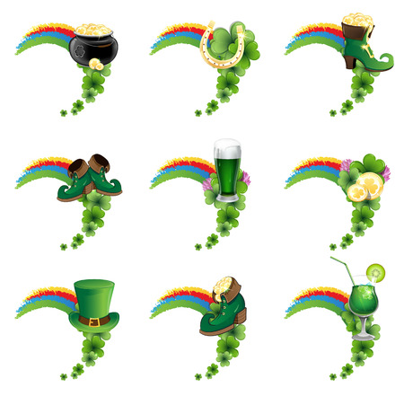 St. Patrick's Day icon set. Holiday symbols with rainbow on a white backgroundのイラスト素材