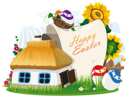Small rural house with a thatched roof and Easter eggs with a paper scroll on a green meadow with a wooden fence and flowers. Easter invitationのイラスト素材