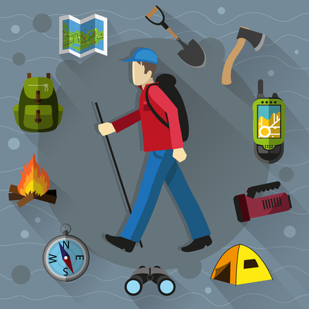 Walking tourist with a backpack. Around him camping equipment and accessories. Flat style iconsのイラスト素材