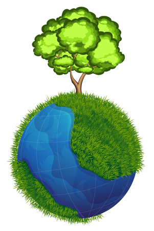 Planet earth with a tree and grass on white background. Ecology concept.  Earth Day illustration.のイラスト素材