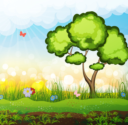 Tree and flowers in the meadow. Summer  landscape nature.のイラスト素材