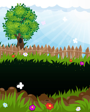 Tree and flowers on a meadow near a wooden fence. Summer  landscape nature.のイラスト素材