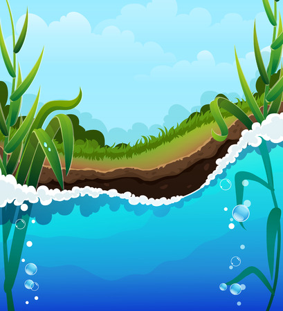 Foaming  river wave and aquatic plants. Air bubbles in the clear water. Shore, forest and blue sky with transparent clouds In the backgroundのイラスト素材