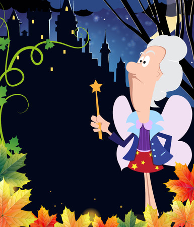 Fairy godmother with a magic wand near the ancient castle with glowing windows. Halloween night sceneのイラスト素材