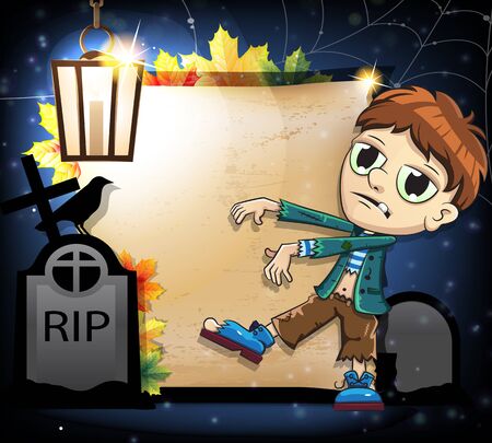 Halloween  zombie boy, crow and gravestones on the background of old paper scroll. Abstract halloween backgroundのイラスト素材