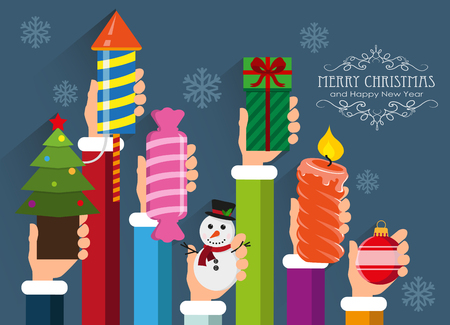 Hands holding Christmas and New Year symbols and gifts. Concept backgrounds for web design and flyersのイラスト素材