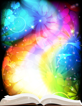 Open book of fairy tales on a rainbow floral backgroundのイラスト素材