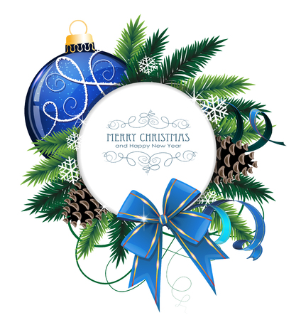 Christmas ornaments with bow, ribbon and fir tree branches on white background. 
Christmas card with round place for textのイラスト素材