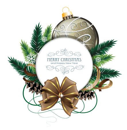 Christmas ornaments with bow, ribbon and fir tree branches on white background. 
Christmas card with round place for textのイラスト素材